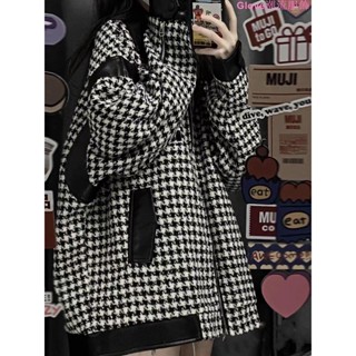 美式國潮棒球服oversize女春秋ins原宿港風vintage夾克千鳥格外套 秋裝打底衫外套女長袖 上衣女百搭寬鬆時尚