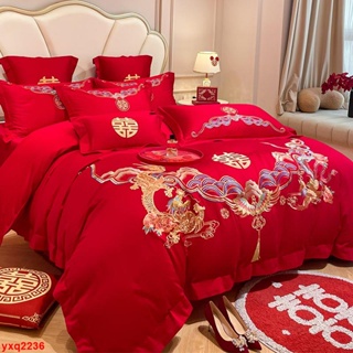 爆款*熱銷*特惠*高檔中式龍鳳結婚四件套大紅色床單床笠被套刺繡喜被婚慶床上用品