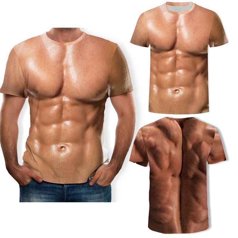 猛男腹肌装 cosplay道具 創意搞笑猛男肌肉搞怪衣服潮男短袖t恤3D立體圖案個性假胸腹肌衫