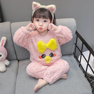 女童睡衣 珊瑚絨 居家服 兒童睡衣 秋冬季加厚女童法蘭絨卡通可愛女孩寶寶珊瑚絨 家居服套裝 家居服 睡袍 睡衣外套