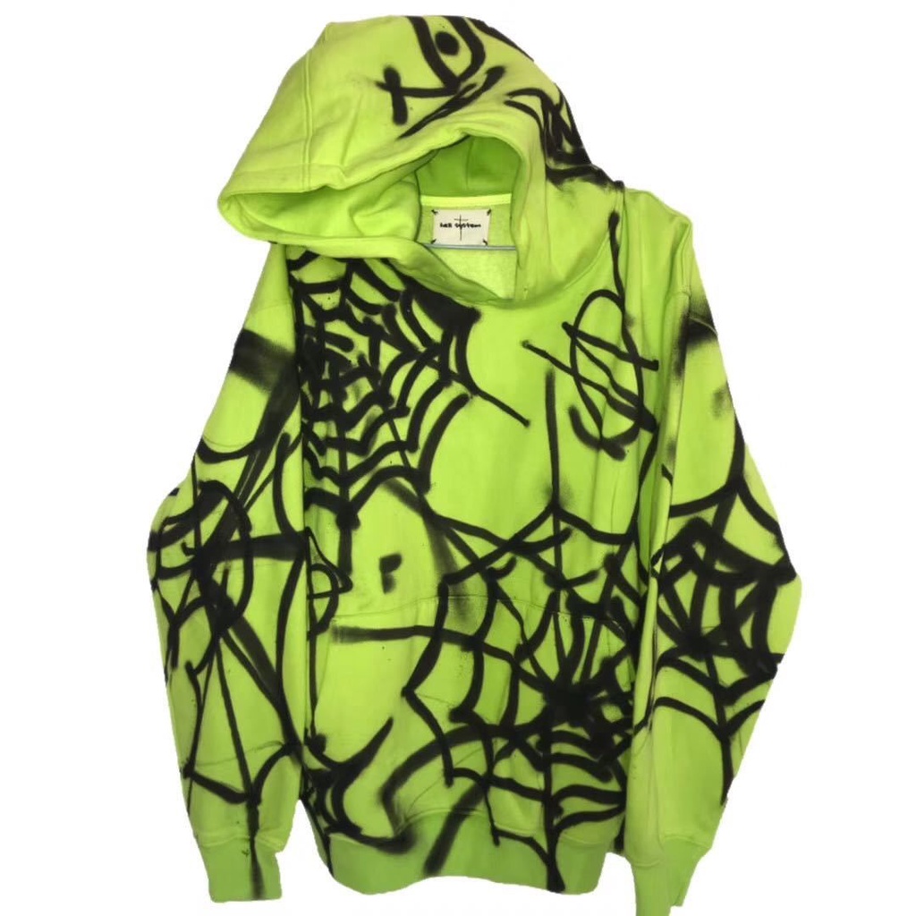 好貝貝 欧美风潮牌连帽外套上衣设计款喷漆涂鸦蜘蛛网荧光绿加绒加厚卫衣
