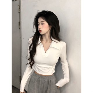 【Wik】長袖T恤 純棉polo領純長袖 T恤女新款設計感慾風修身 顯瘦上衣長袖 t恤 顯瘦上衣 白色大學t 薄長袖