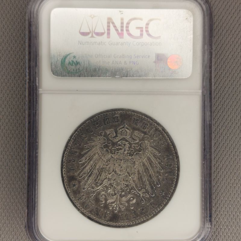 [青泉集藏] 德國 Germany 巴伐利亞 5 Mark 馬克 1911 D 銀幣 NGC AU 55