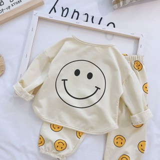 ✨天使屋✨ 兒童套裝 嬰兒春秋裝2023新款男女寶家居服純棉上衣卡通動漫笑臉兩件式套裝 兒童睡衣