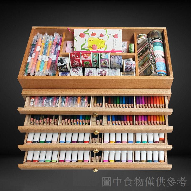 熱賣木製單雙層三層抽屜式繪畫畫盒鉛筆水彩筆收納工具箱子櫸木質畫箱