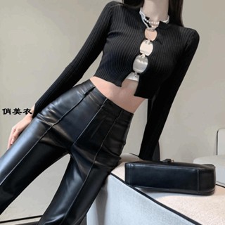 女裝褲子 皮褲 PU皮褲 皮褲 高腰顯瘦緊身黑色皮褲 女高級感垂墜拖地褲子休閑直筒闊腿長褲
