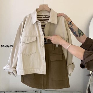 女裝套裝 套裝組合 兩件套 長袖套裝 秋季溫柔系穿搭女年新款韓版復古寬松短款工裝 外套短裙兩件套