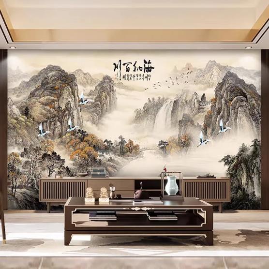 新中式電視背景墻壁布8d山水畫壁紙客廳3d立體墻布墻紙背景墻壁畫可定制尺寸咨詢客服