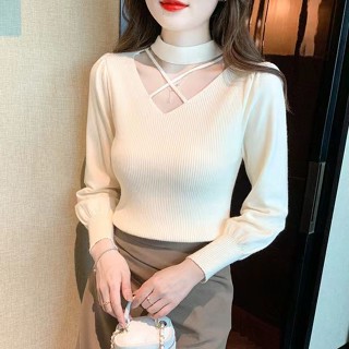 SY針織上衣長袖長袖打底衫純色上衣高領毛衣性感上衣女秋冬加厚韓版修身打底中領鏤空針織衫燈籠袖上衣