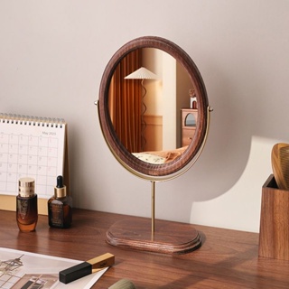時尚女必備 臺式化妝鏡 新中式鏡子 簡約宿舍桌面復古國風木質梳妝鏡 可旋轉