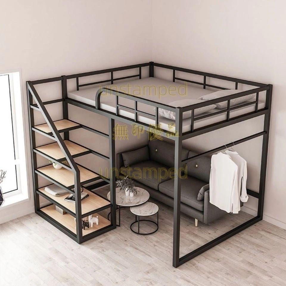 小戶型復式上鋪鐵床公寓閣樓員工多功能鐵藝床高低床省空間高架床
