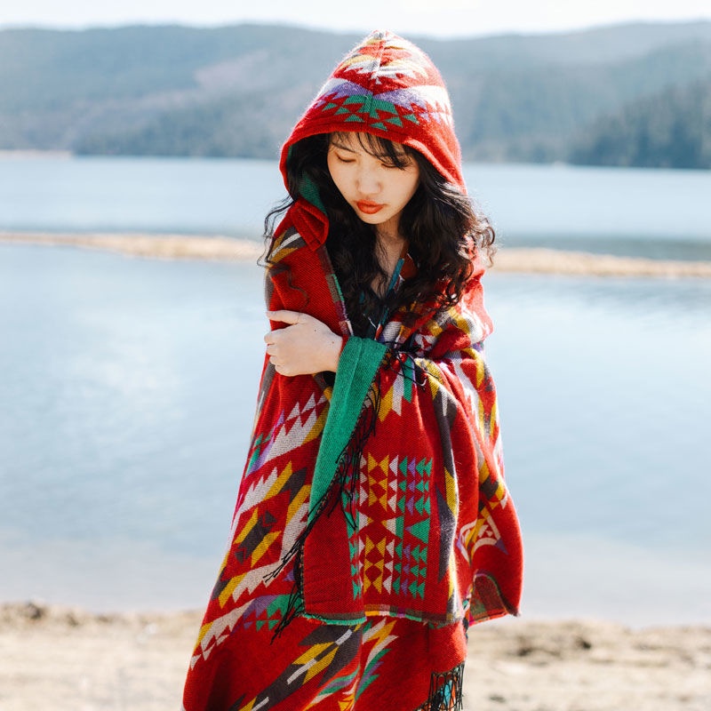 ✨熱銷✨西藏新疆民族風披肩圍巾兩用外搭旅遊連帽鬥蓬厚保暖沙漠拍照披風