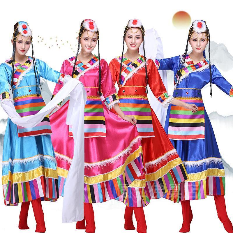 熱賣 藏族服裝藏族舞蹈服裝女成人水袖西藏廣場舞少數民族舞蹈表演服裝 練功服 舞蹈服 表演服