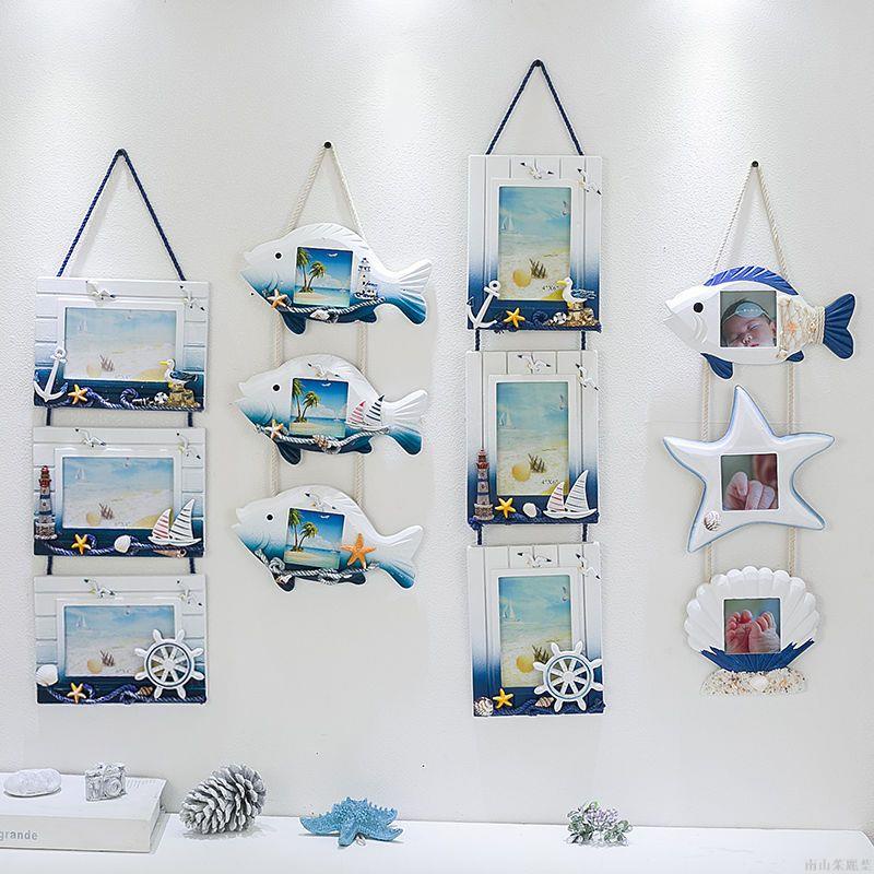 🔥限時免運🔥地中海風格魚造型木質三聯相框五寸兒童房墻面裝飾免打孔相片墻創意 相框 擺件 擺檯 相片框