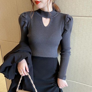 SY中領毛衣女冬季加厚針織衫秋冬新款上衣半高領打底衫修身針織衫長袖上衣鏤空上衣小香風針織衫