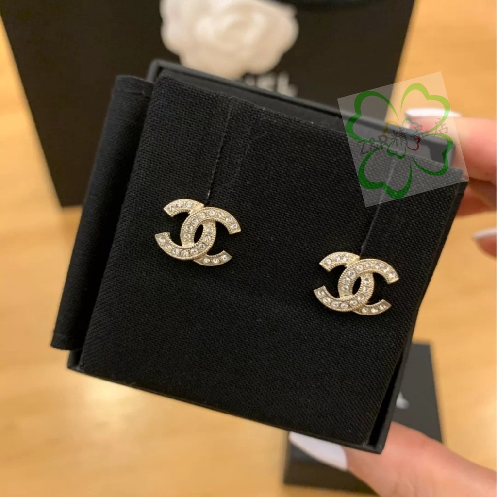 二手正品CHANEL 香奈兒 經典Logo鑲水晶耳環 耳釘 女款