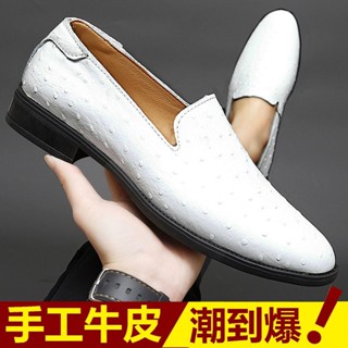臺灣熱賣促銷/❀白色小皮鞋男尖頭韓版潮流真皮軟底套腳樂福鞋男士百搭休閑豆豆鞋60*05-505