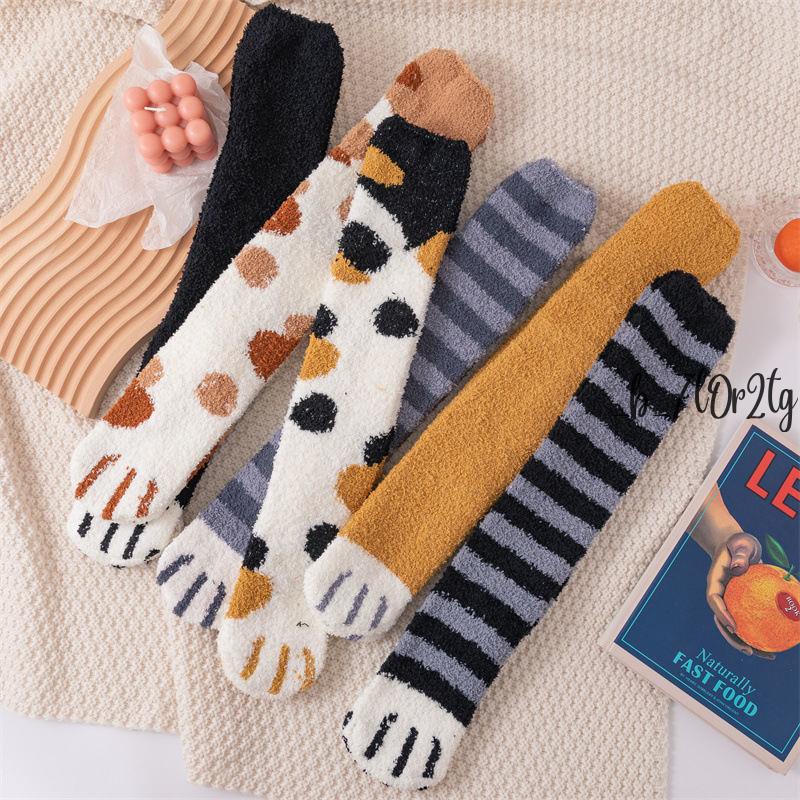 小腿襪 1-3雙冬季加絨加厚小腿襪女襪子動物貓爪珊瑚絨中筒襪地板月子襪