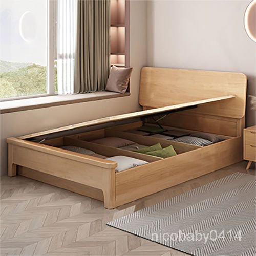 【精品傢居】北歐實木雙人床現代簡約1.2米1.8m臥室日式小戶型儲物床原木傢具床 床架 掀床 置物櫃床