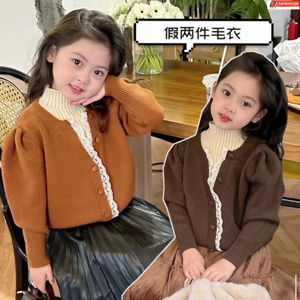 女童毛衣 韓國 女童毛衣2023春秋新款復古色蕾絲花邊拼色假兩件泡泡袖針織毛衣56