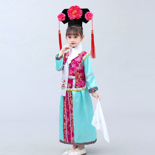 傳統服飾 古風 女童格格服裝女兒童還珠格格古裝服飾滿族民族清朝女童演出服宮廷旗服