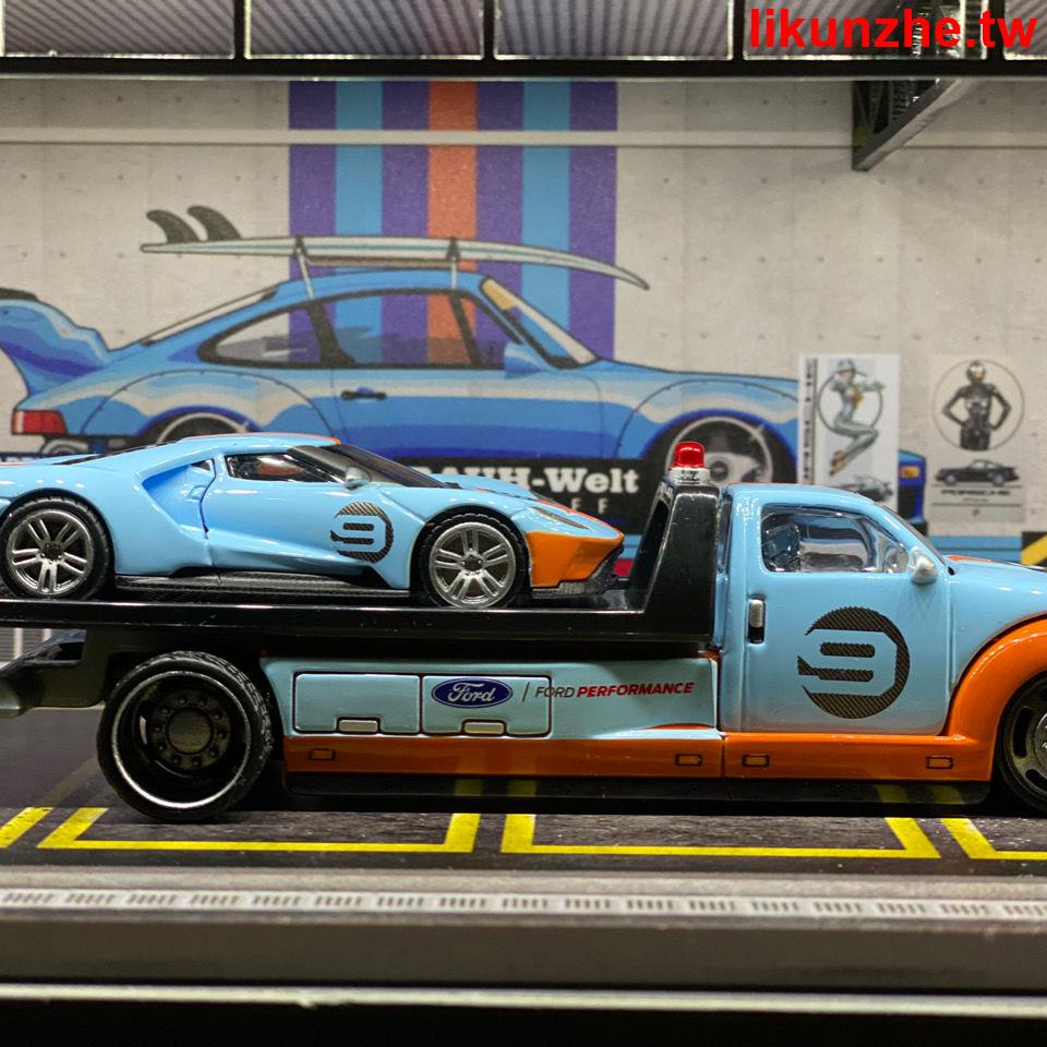 &amp;熱賣暢銷&amp;美馳圖1:64海灣涂裝 福特GT車隊運輸平板車拖車合金車模收藏擺件
