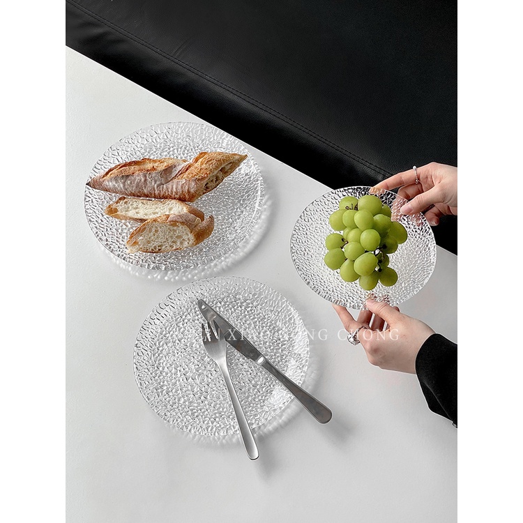 ins冰凝玻璃盤 透明圓形盤子客廳家用菜盤水果盤創意點心碟甜品盤