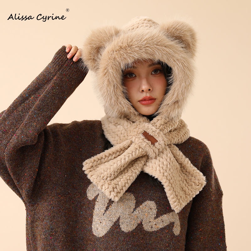 【HONG YANG】Alissa Cyrine毛絨帽子女秋冬季圍巾一體加厚保暖冬天防寒護耳