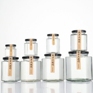 分裝瓶❥批髮六稜玻璃瓶透明帶蓋六角蜂蜜瓶食品級辣椒醬罐頭果醬密封罐子