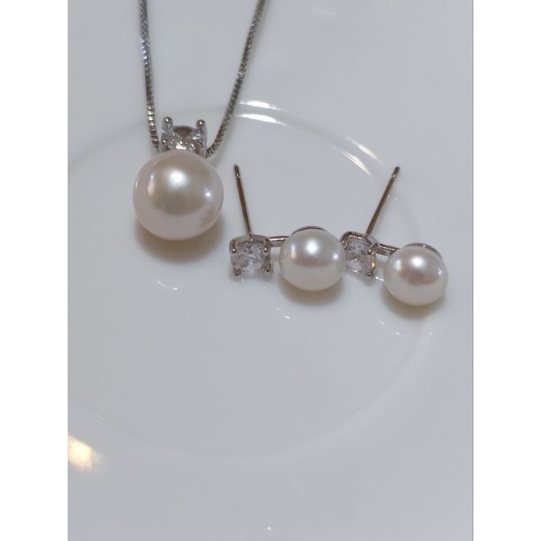 ✨獨一無二✨法式優雅天然珍珠，戴妃款耳釘項鍊套組/贈高級禮盒