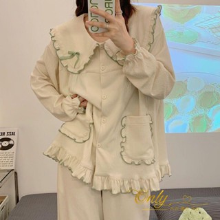 Only❤️ins荷葉邊公主風睡衣女春秋冬季長袖可愛蝴蝶結可外穿家居服套裝