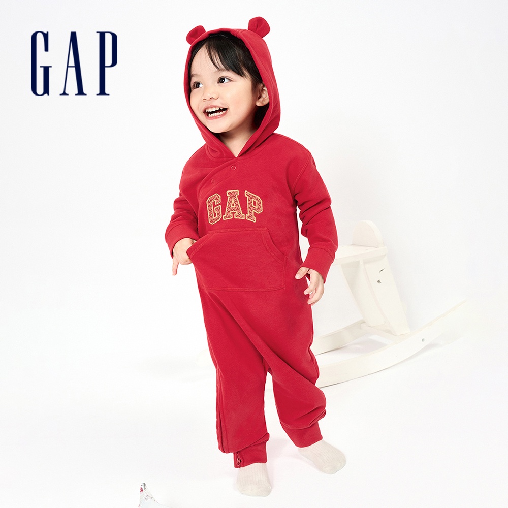 Gap 嬰兒裝 Logo熊耳造型連帽長袖包屁衣/連身衣 碳素軟磨法式圈織系列-紅色(855734)