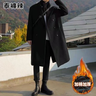 泰褲辣 韓版風衣男中長款潮流寬鬆過膝英倫雙排扣外套秋冬季加厚日係大衣 E2XC