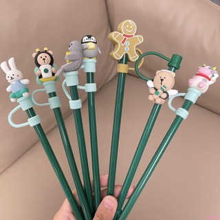 ✨限時免運✨適用於星巴克吸管杯塞綠色創意卡通小熊姜餅人吸管防塵吸管帽吸管吸管套防塵套 矽膠防塵套 斜口吸管 透明吸管