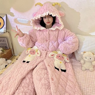 ✿限時免運✿珊瑚絨睡衣女冬季加絨加厚法蘭絨2023新款套裝三層夾棉家居服睡袍 睡衣 睡袍 冬天睡衣 居家服 可愛睡衣