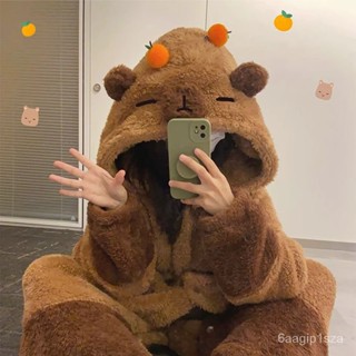 今日爆殺+✨卡哇伊🍓卡皮巴拉睡衣女冬季珊瑚絨新款睡袍套裝加絨加厚可愛水豚傢居服女