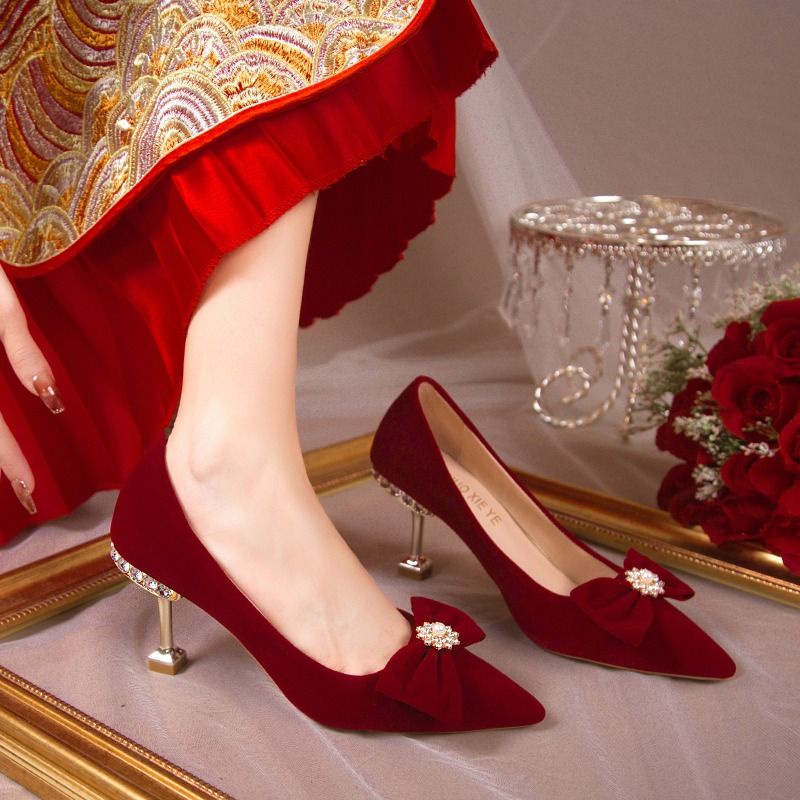 新娘婚鞋 秀禾鞋 新款 中式 婚禮鞋 結婚 踩堂鞋 女 紅色 高跟鞋 尖頭 婚鞋款式 中式婚鞋