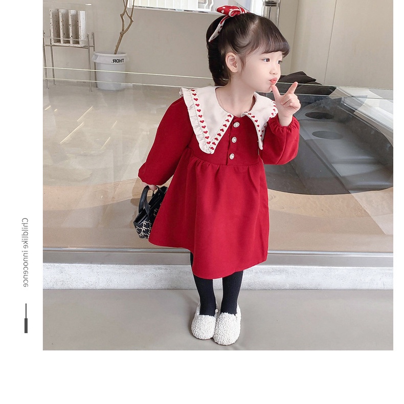 秋冬新款時尚翻領紅色洋裝 韓版女童可愛新年公主裙 過年洋裝女童 女童洋裝 女童洋裝 女童紅色洋裝