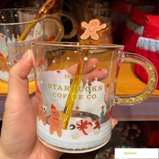 【臺灣熱賣】馬克杯 水杯2020星巴克耶誕節杯子閃亮薑餅人款玻璃杯含攪拌棒碎鑽手柄水杯送禮物