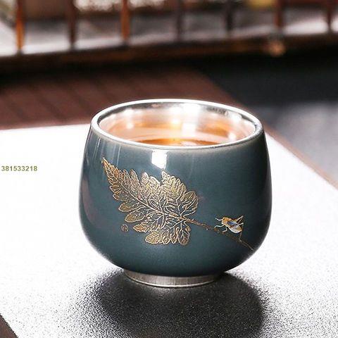 茶具用品 葉脈鎏銀單杯品茗杯茶具銀茶杯主人杯999純銀杯霽青月白茶碗陶瓷 |顔羽ahKT|