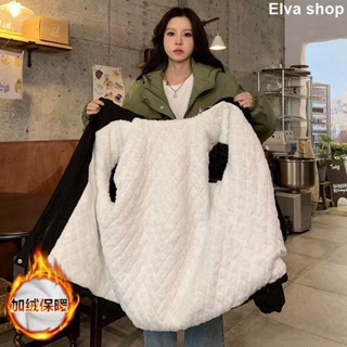 【Elva shop】美式機能沖鋒衣女加絨加厚冬季羊羔毛外套oversize情侶裝機車夾克