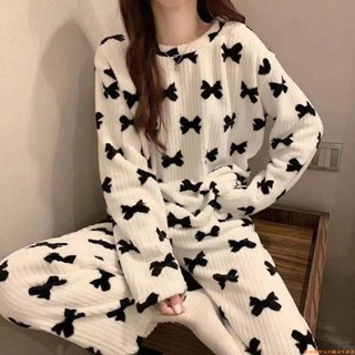 珊瑚絨睡衣女 秋冬長袖 居家服 長袖 長褲 法蘭絨 ins日系甜美蝴蝶結加絨加厚學生家居服套裝