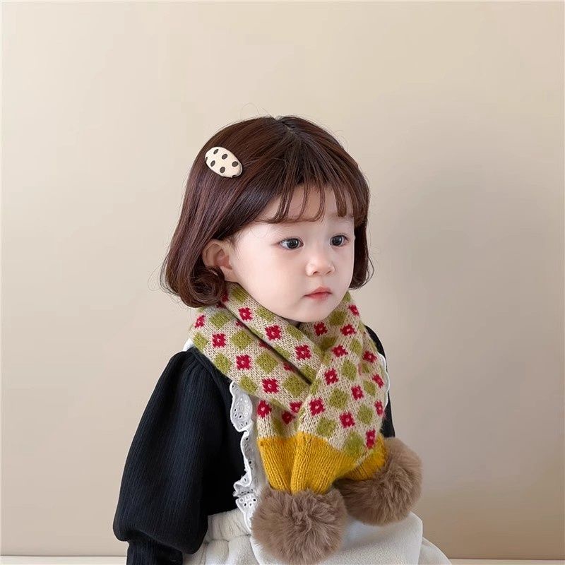 寶寶冬季圍巾 韓版可愛毛球兒童針織圍脖 嬰幼兒保暖毛線交叉圍脖潮