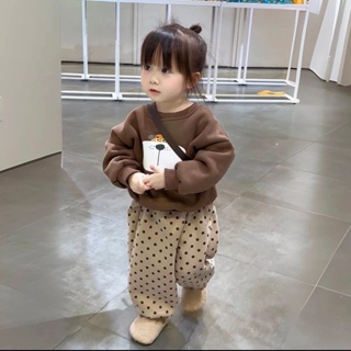 Mini baby🌷兒童女童2023新款冬季卡通印花衛衣上衣寶寶波點寬松加絨兩件套