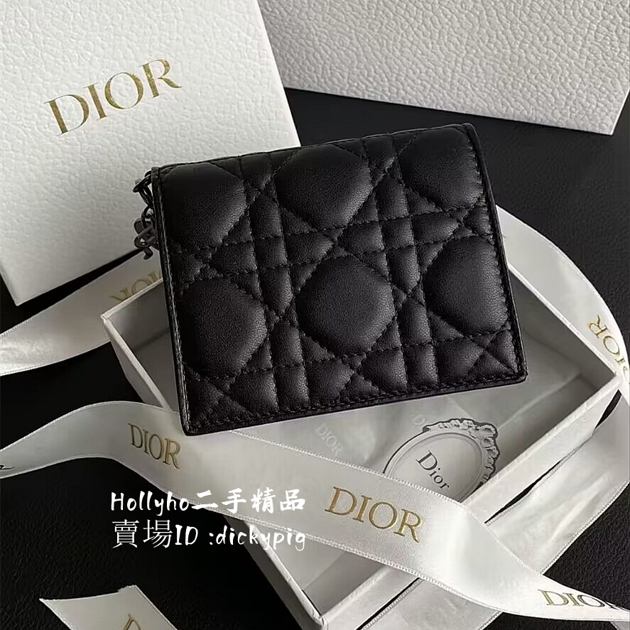 『二手』Dior 迪奧 Lady 黑色/粉色 藤格紋 羊皮革 迷你 對折短夾 錢包 零錢包 S0178ONMJ