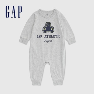 Gap 嬰兒裝 Logo純棉小熊印花長袖包屁衣/連身衣 布萊納系列-淺灰色(890315)
