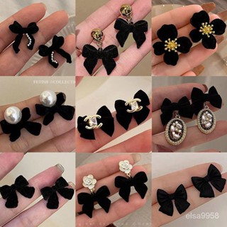 優選好貨 黑色絲絨蝴蝶結珍珠耳釘女秋冬法式複古港風氣質韓國個性耳環耳飾 OU72
