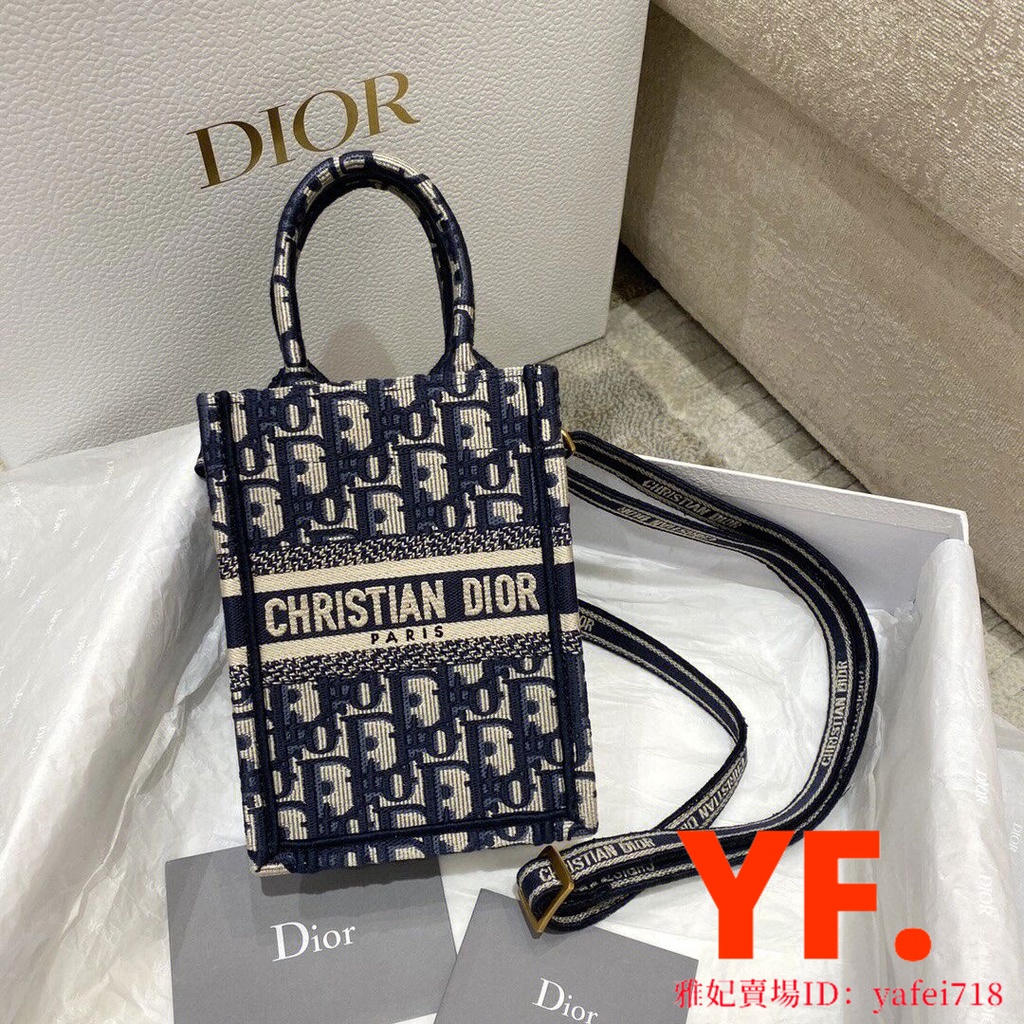 凯丽二手-DIOR 迪奧 BOOK TOTE 迷你 藍色刺繡印花 手機袋/手機包/托特包/斜挎包/側背包