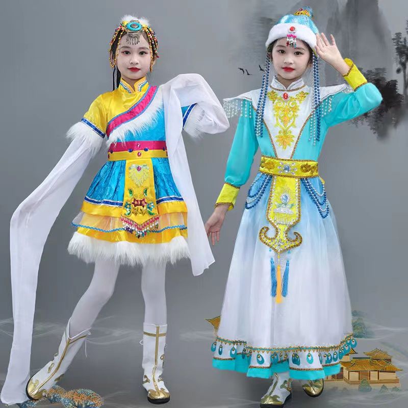新款★六一兒童藏族演出服少兒舞蹈演出服懞古水袖舞蹈服女民族服裝★滿額免運