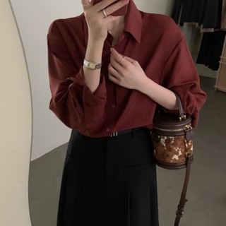 【Carmar】復古港風紅色襯衫女秋季法式高階感慵懶疊穿襯衣簡約打底上衣休閒疊穿襯衫寬鬆襯衫 長袖 上衣 外套 長袖襯衫